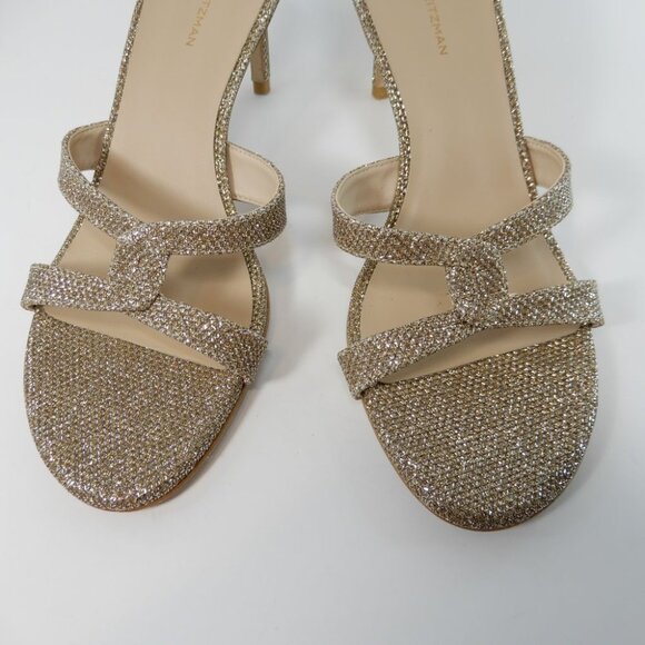STUART WEITZMAN Soiree Shimmer Stiletto Heel Sandals Size 7.5 Platinum Gold $425 - Picture 10 of 15